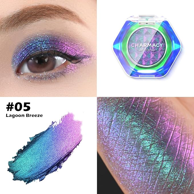 CHARMACY Multichrome Glitter Eyeshadow, Intense Pigmentation Chameleon Sparkling Eyeshadow, Bright Highlighter Duochrome Eye Make Up, Multi-Reflective Finishes Glitter Metallic Eye Makeup #05