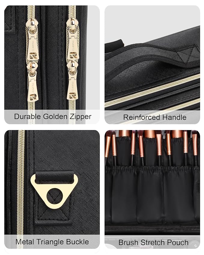 MONSTINA Large Makeup Travel Case Bag,Professional Makeup Artist Train Case with Brush organizer,Large Capacity Cosmetic Bag with Zipper Pocket and Adjustable Compartment（PU Leather Black）