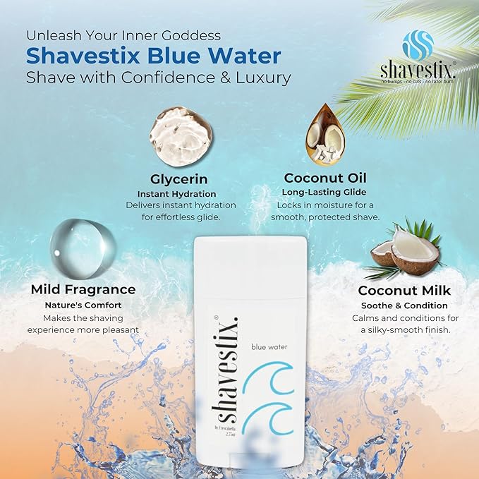 Travel Shaving Cream Stick 2.75 Oz | Blue Water Scented Coconut Based Razors, Shavers Friendly Hair Removal Cream Bar | Shavestix Shave Stick Sub Foam, Gel, Soap, Shaving Cream Women, Men