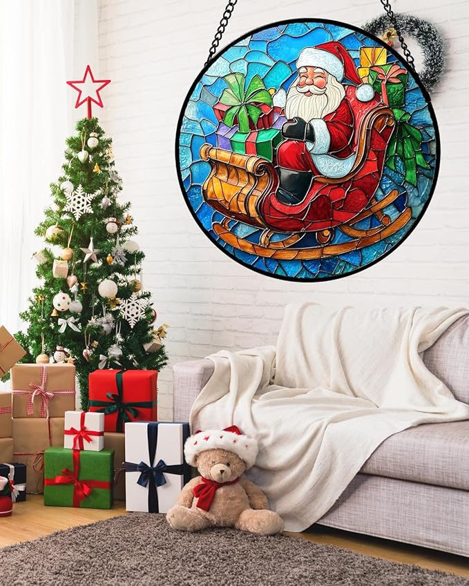 Stained Glass Window Hanging - Red Santa Claus Gift Box Suncatcher for Doors Home Christmas Decoration Winter Sun Catcher Thanksgiving New Year Birthday Gift for Women Men Mom Nana 11.8 in