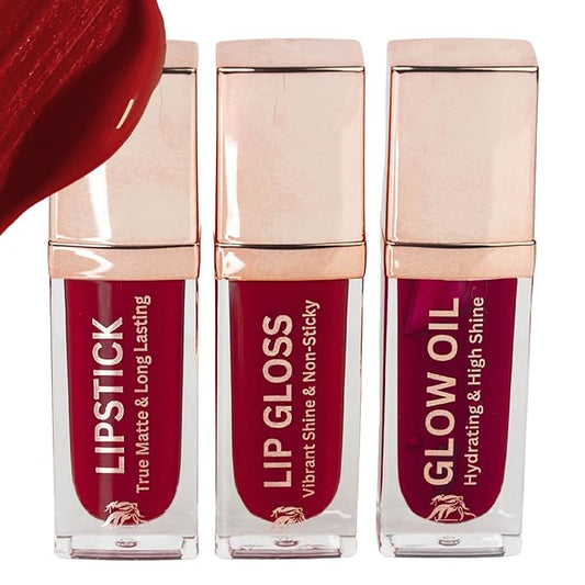 Lip Trio – Deep Red Matte Lipstick + Gloss & Lip Oil | Smudge-Proof Lipstick + Moisturizing Gloss with Jojoba & Vit-E | Long-Look, Vegan, Clean Beauty Gift Set (Ruby Empire)