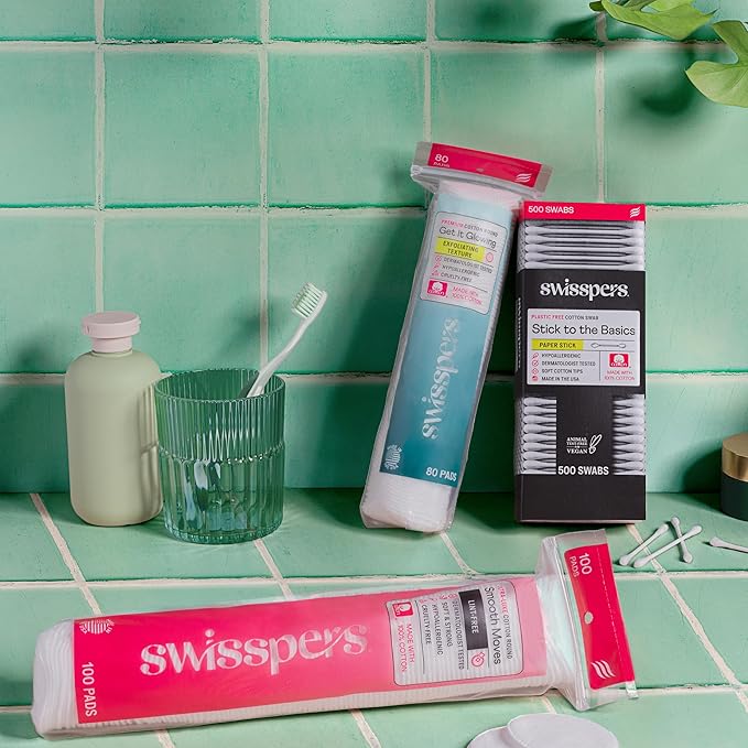 Swisspers Premium Exfoliating Cotton Rounds – 80 Count (Pack of 3) – 100% Pure Cotton, Dual-Sided Surface Pads for Gentle Exfoliation, Optimal Cleansing and Makeup Removal