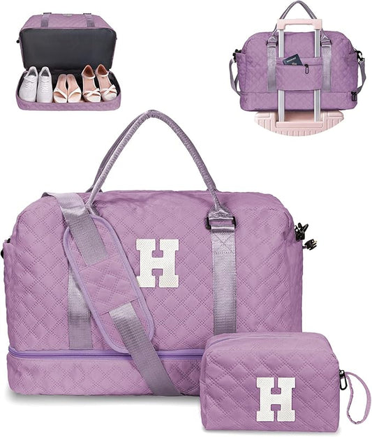 Gifts for Teen Girl-Initial Duffle Bag with Shoe Compartment, Personalized Weekender Bag, Monogram Overnight Bag, Travel Bag with Makeup Bag，Birthday Gift Birthday Gifts for Sister (Letter H)