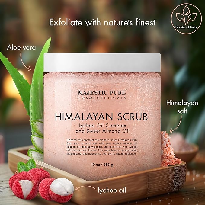 MAJESTIC PURE Himalayan Salt Body Scrub with Lychee Oil, Exfoliating Salt Scrub to Exfoliate & Moisturize Skin, Deep Cleansing - 10 oz