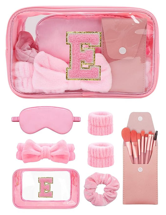 Gift Sets for Women, Initial Makeup Bag with Makeup Brush Set Bachelorette Party Favors, Pink Spa Kit with Skincare Headbands Wrist Bands Sleepover Party Supplies Gifts for Teen Girls Bridesmaid E