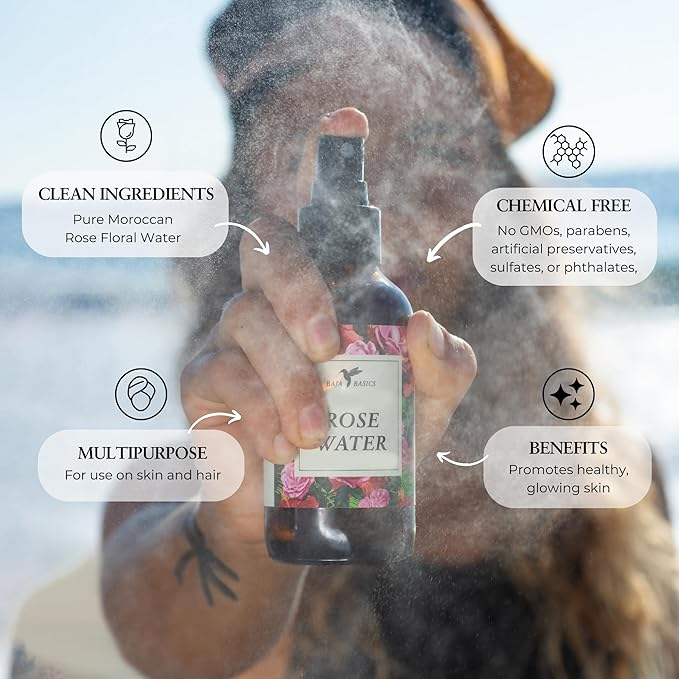 Rose Water Spray for Face by Baja Basics - Pure, Organic Facial Toner for Hair and Aromatherapy Large 4 oz