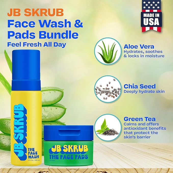 JB SKRUB The Face Duo Set – Gentle Foaming Face Wash (5 fl. oz) & Exfoliating Acne Pads (40 Count) for Kids, Tweens & Teens – Fragrance-Free Cleanser & Alcohol-Free Toner Pads for Clear, Smooth Skin