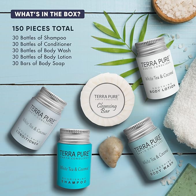 Terra Pure White Tea & Coconut Toiletries Set | 1-Shoppe Amenities Kit | 1oz Shampoo & Conditioner, Body Wash, Lotion, 1.25oz Bar Soap | Travel Size | 150 Pieces