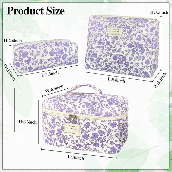 Purple Large Quilted Floral Makeup Bag Set of 3 Cute Coquette Aesthetic Cosmetic Bag Set Travel Toiletry Bag for Women