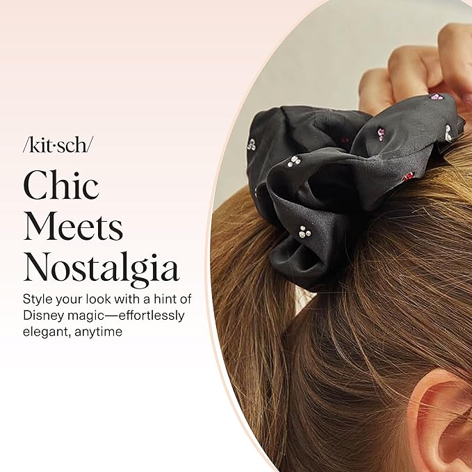 Kitsch & Mickey/Minnie Fabric Rhinestone Scrunchies for Women, Hair Scrunchies for All Hair Types, Recycled Polyester, Perfect for Updo or Half Up Ponytail | Ideal Gifts for Women (Black) - 1 Piece