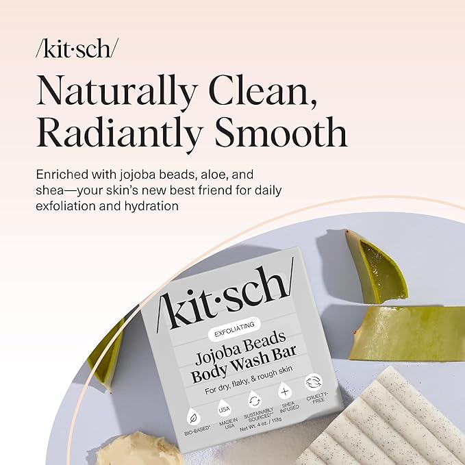Kitsch Jojoba Beads Exfoliating Body Wash Bar – Nourishing Bar Soap with Shea Butter & Aloe for Dry, Flaky Skin – Soap bar & Body Scrub for Smooth, Refreshed Skin – Rosemary & Cedarwood Scent - 4 oz