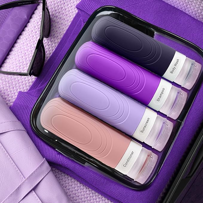GLAMFIELDS Travel Bottles for Toiletries TSA Approved, 3oz Size Leak Proof Silicone Travel Containers for Shampoo, Lotion,Easy to Squeeze Portable, Essentials for Traveling (4 Pack) Purple