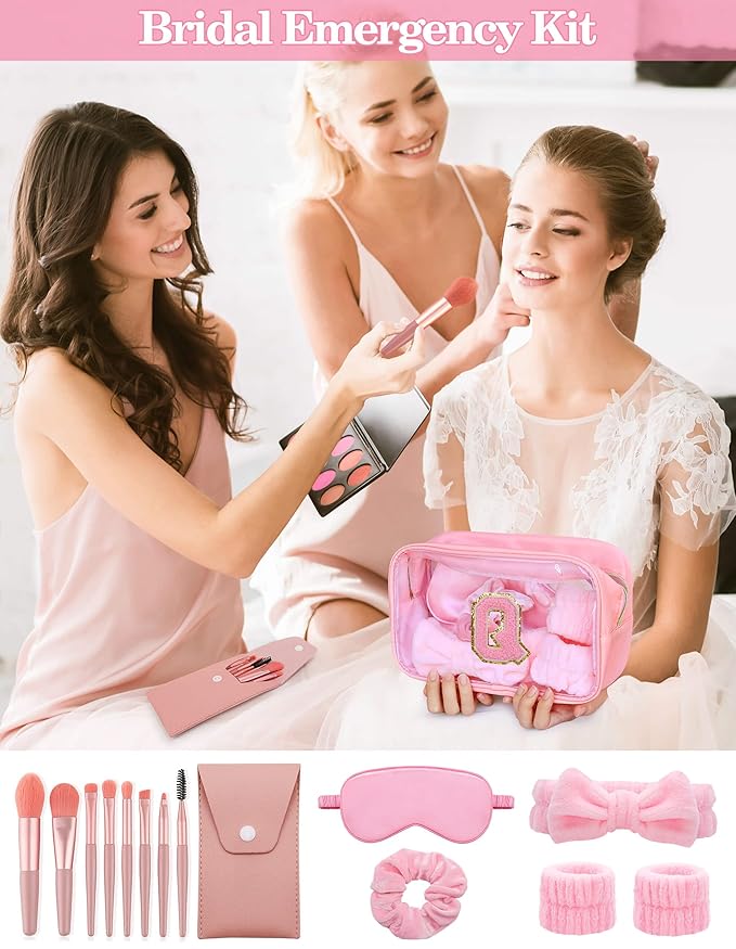 Gift Sets for Women, Initial Makeup Bag with Makeup Brush Set Bachelorette Party Favors, Pink Spa Kit with Skincare Headbands Wrist Bands Sleepover Party Supplies Gifts for Teen Girls Bridesmaid Q