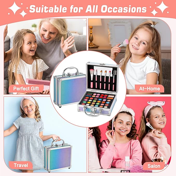 Anpro All-in-One Makeup Carry Case with Pro Teen Makeup Set, Full Starter Cosmetics Kit with Makeup Brushes, Eye Shadows Palette, Blushes, Glitter Gel, Temporary Tattoo Stickers - Pink, Style01