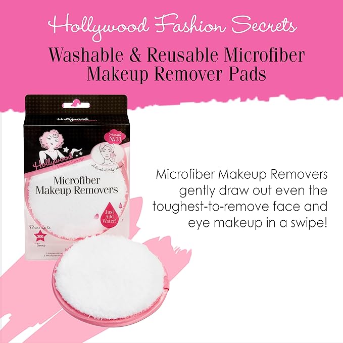 Hollywood Fashion Secrets Microfiber Makeup Removers – Reusable Makeup Remover Pads for Face, Facial Cleansing Pads for Sensitive Skin, 2 Pack