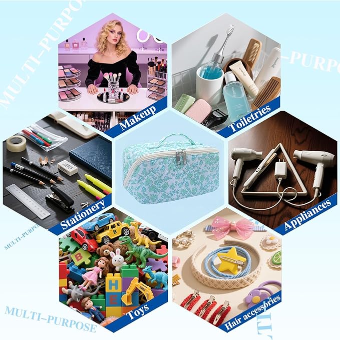 Green Large Quilted Floral Makeup Bag Cute Coquette Aesthetic Cosmetic Bag Open Flat Travel Toiletry Make up Bag for Women