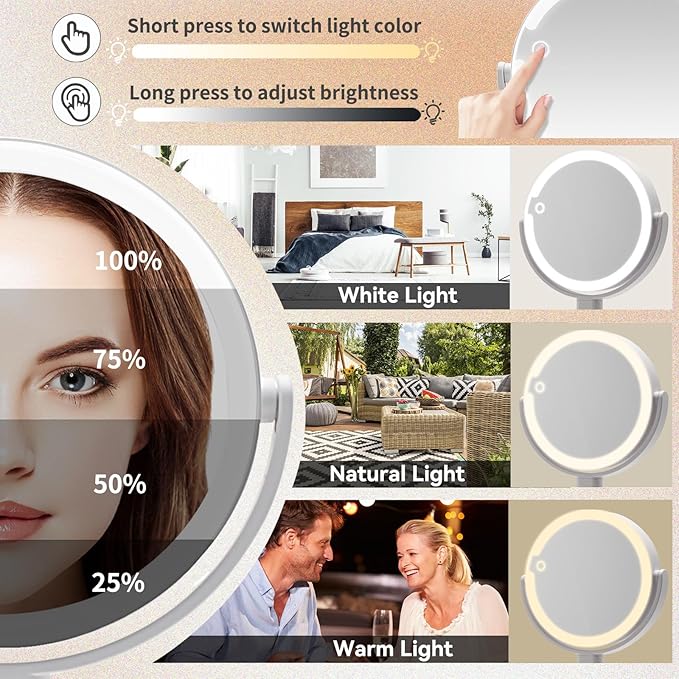 Makeup Mirror with Lights, 10x Magnifying Mirror with Light, 3 Color Lights, Double Side Touch Control, Height Adjustable, Vanity Mirror for Travel, Type-C Fast Charge, Gifts for Women