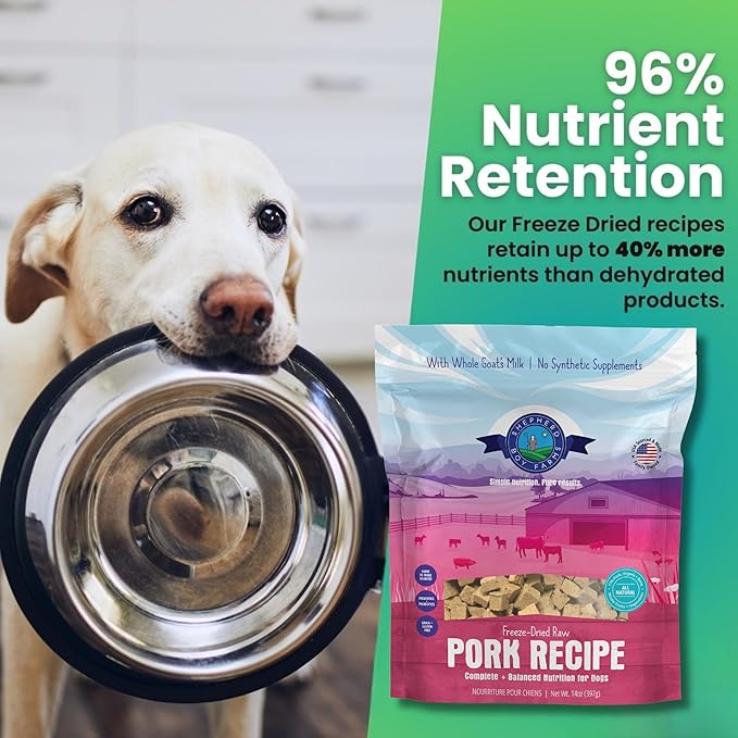 Freeze Dried Raw Dog Food, Pork Recipe, All Natural, No Synthetics, Made in USA with Goat's Milk & Organic Produce, High Protein, Complete Meal (14oz)