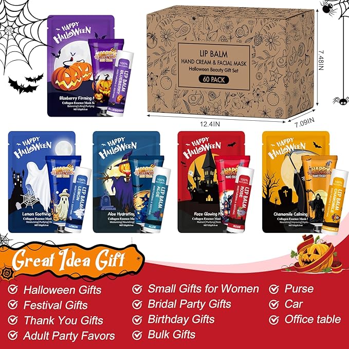 60 Pack Bulk Halloween Facial Mask, Hand Cream and Lip Balm Sets, Halloween Gifts, Halloween Party Favors, Halloween Decorations and Halloween Basket Stuffers with Halloween Card and Organza Bags