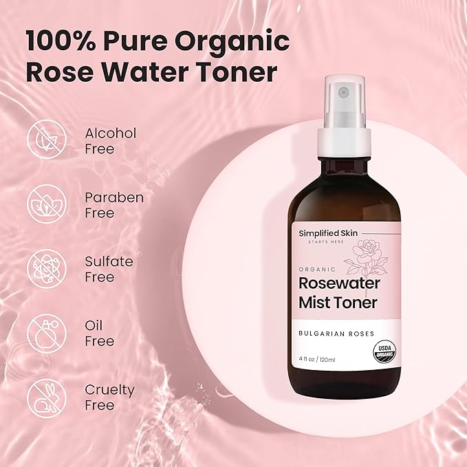Rose Water Spray for Face & Hair – Pure USDA Organic Rosewater Toner – Refreshing Mist for Skin Care, Makeup & Locs – Natural Rose Scent, 4 Oz