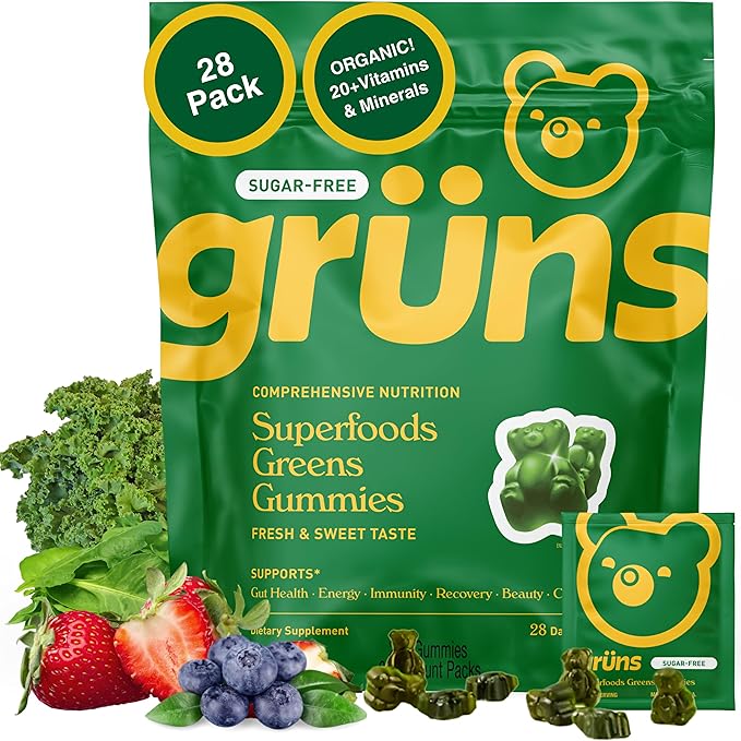 Gruns Adult Sugar-Free Super Greens Gummies, Superfood Vitamin Gummy Bears with Spirulina, Chlorella, Fiber & Prebiotics for Digestive Health, Adaptogens Supplement, 20 Vitamins & Minerals, 28 packets