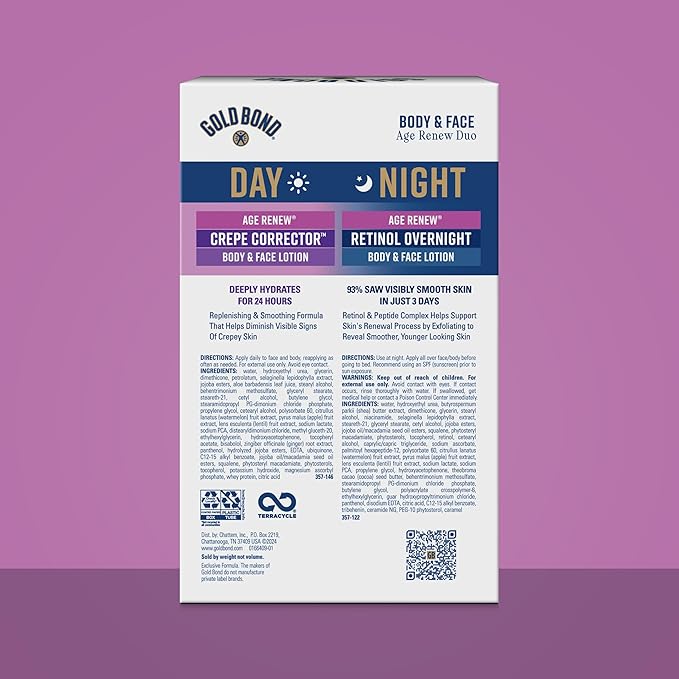 Gold Bond Age Renew Day & Night Duo Lotion Set for Body & Face, Gold Bond Crepe Corrector Lotion, Visibly Firms Skin & Gold Bond Retinol Overnight Lotion, Visibly Smooths Skin, 8.6 oz.