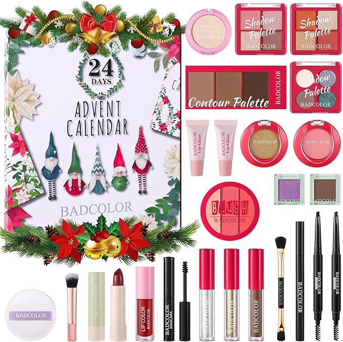 Makeup Advent Calendar 2025, 24 Days Christmas Countdown Calendar Surprise Gift Kit, Xmas Holiday Festival Cosmetic Starter Makeup Set with 24 Beauty Boxes for Women Girls Teens
