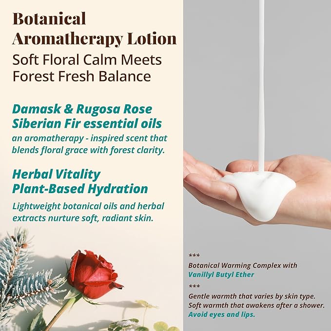 Rose & Fir Aromatherapy Lotion – Lightweight Botanical Moisturizer for Body & Massage, Gentle Warming Care with Forest Rose Aroma for Relaxed Self-Care, 3.4 fl oz / 100 ml