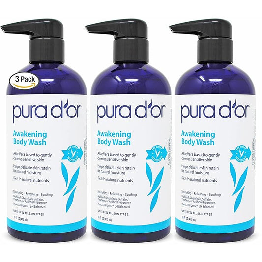 PURA D'OR Awakening Body Wash (16oz x3 = 48oz) Aloe Vera, Chamomile, Lavender, Tea Tree for Invigorating Earthy Scent, pH Balanced for Moisturized Soft, Fresh-Feeling Skin, All Skin Types, Men & Women
