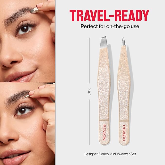 Revlon Designer Series Mini Tweezer Set, Hair Removal Tool Kit with Slant & Point Tips, Portable and Easy to Use, Made with Long Lasting Stainless Steel, 1 Count