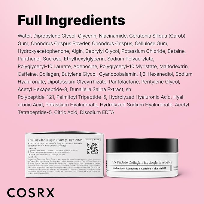 COSRX Pink Peptides Collagen Hydrogel Eye Patch for Puffy Eyes and Dark Circles, Under Eye Mask, 60 Under Eye Patches, Korean Skin Care