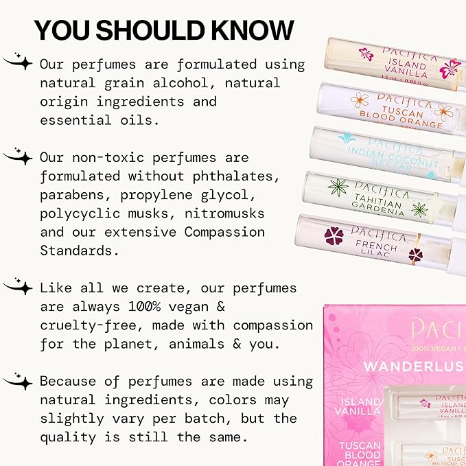 Pacifica Beauty, Wanderlust Spray Perfume Trial Set, Island Vanilla, 5 Scents, Fragrance Sampler Gift Set, Natural & Essential Oils, Clean, Vegan & Cruelty Free