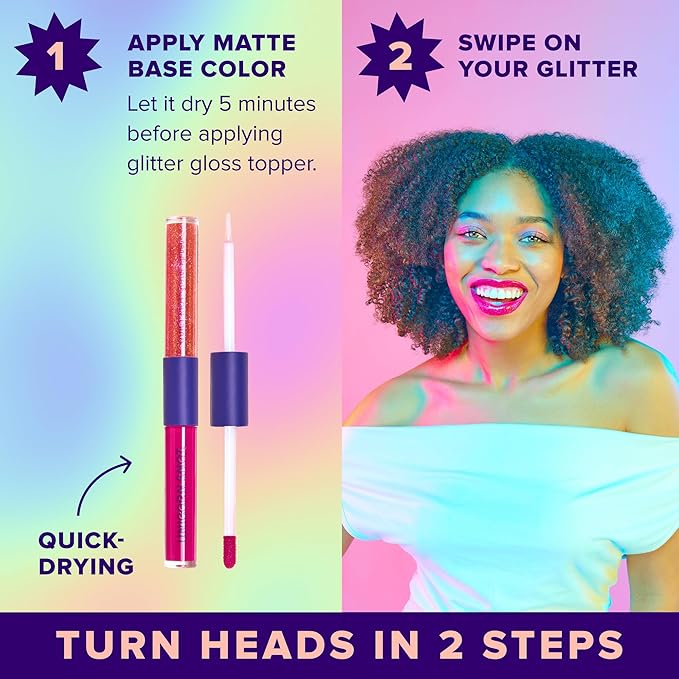 UNICORN SNOT Quiet Riot™ Plastic-Free Glitter Lip Duo | 2-in-1 Set w/Matte Lipstick & Sparkly Glitter Lip Gloss | Halloween Costume Makeup | 0.15oz Pink Lipstick & 0.16oz Gloss (Fusion)