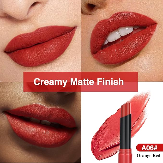 Rouge Red Matte Lipstick，Creamy Silky Matte+Lipsticks，Hydrating Balm-in-Lipstick，Velvety Finish for Women Daily Lip Makeup，High-pigment Formula，Easy to use and color，Vegan & Cruelty-Free 06#