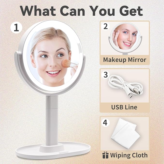 Makeup Mirror with Lights, 10x Magnifying Mirror with Light, 3 Color Lights, Double Side Touch Control, Height Adjustable, Vanity Mirror for Travel, Type-C Fast Charge, Gifts for Women