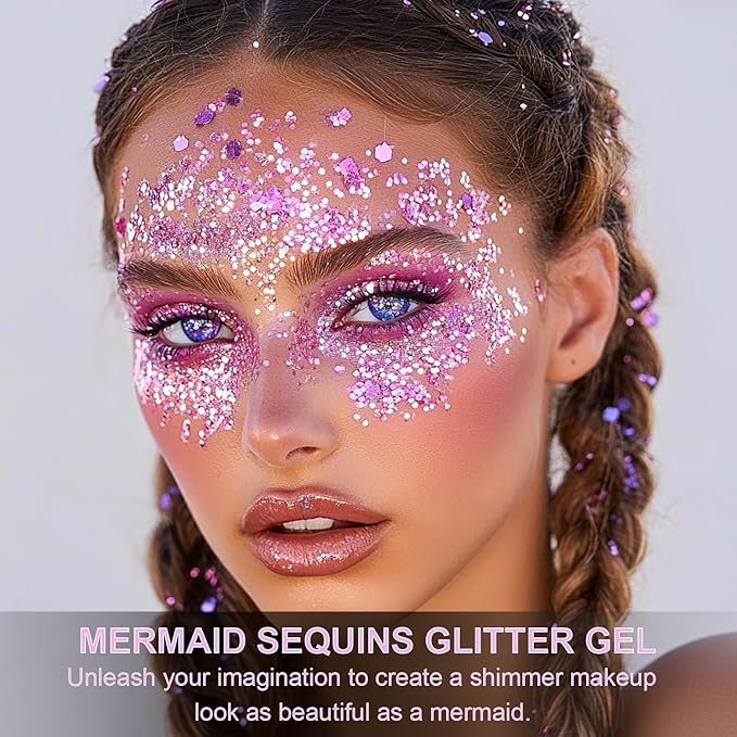 Face Body Glitter Set for Women and Kids, White Silver Pink Holographic Mermaid Sequins Chunky Glitter Makeup for Festival Rave Outfits Accessories, Sport, Wedding Season, Valentine's Day