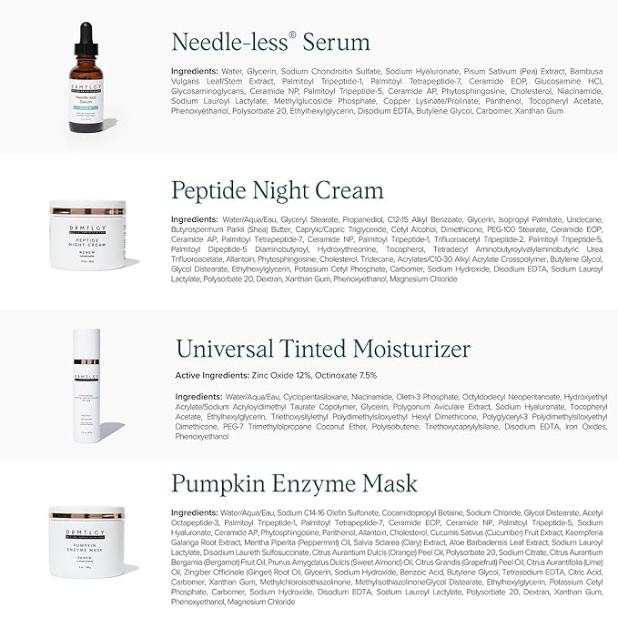 DRMTLGY Hydration Superstars Kit: Needle-less Serum, Peptide Night Cream, Tinted Moisturizer & Essential Facial Cleanser