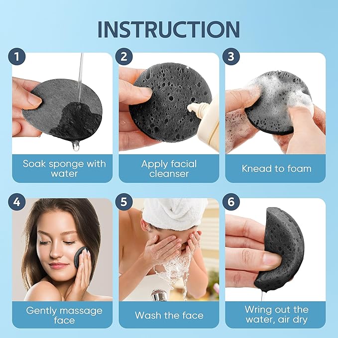 50-Count Black Compressed Facial Sponges for Daily Facial Cleansing and Exfoliating, 100％ Natural Cosmetic Spa Sponges for Makeup Remover, Reusable