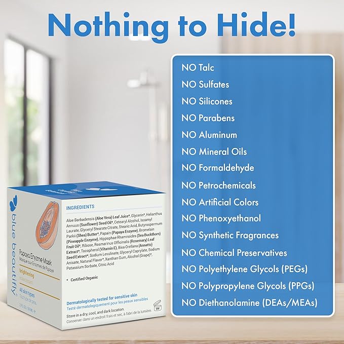 Blue Beautifly Papaya Enzyme Exfoliating Mask for Face - Enriched with Papain & Bromelain - Plant-based with No Artificial Colors or Fragrances - Restores Elasticity. Illuminates Complexion - 2 fl oz