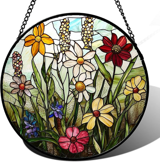 Stained Glass Window Hanging, Colorful Wildflowers Plant Scenery Suncatcher for Doors Window Home White Green Sun Catchers Decor Mother's Day Birthday Gifts for Women, Men Mom 6.3 in