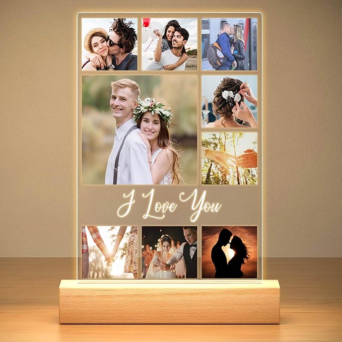 Custom Picture Frame with Photo, Personalized Photo Frame with Night Light, Customizable Photo Frames, Personalized Christmas Anniversary Birthday Gifts for Women Men Girlfriend Boyfriend Couple