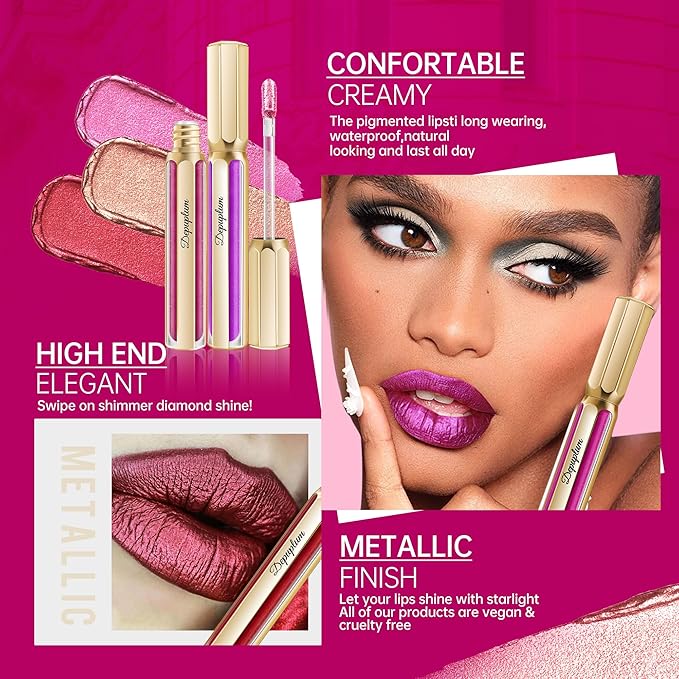 Brown Lipsticks for Women Metallic Lipstick Long Lasting Non Stick Cup Lip Gloss, Shimmer Lightweight Hydrating Full Coverage Lip Color, DP113 Pleasure