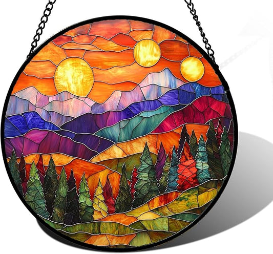 Stained Glass Window Hanging, Sunset Abstract Sun Catchers Colorful Glass Panel Landscape Suncatcher Decor for Birthday for Women, Men, Wife, Aunt, and Mom 7.8 in