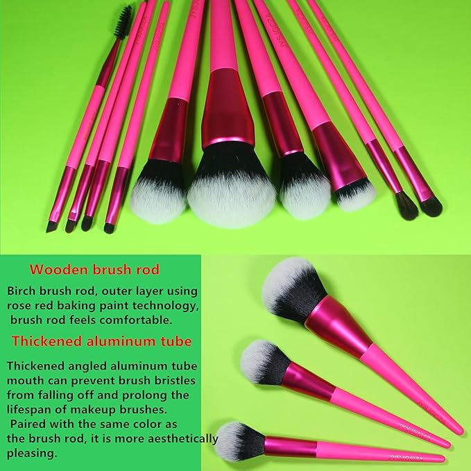 Professional Makeup Brush Set with Includes Brushes for Contouring, Highlighting, Eyeshadow, Foundation & More. 10 Pcs Makeup Brushes with Paired with makeup bag （Rose red color）