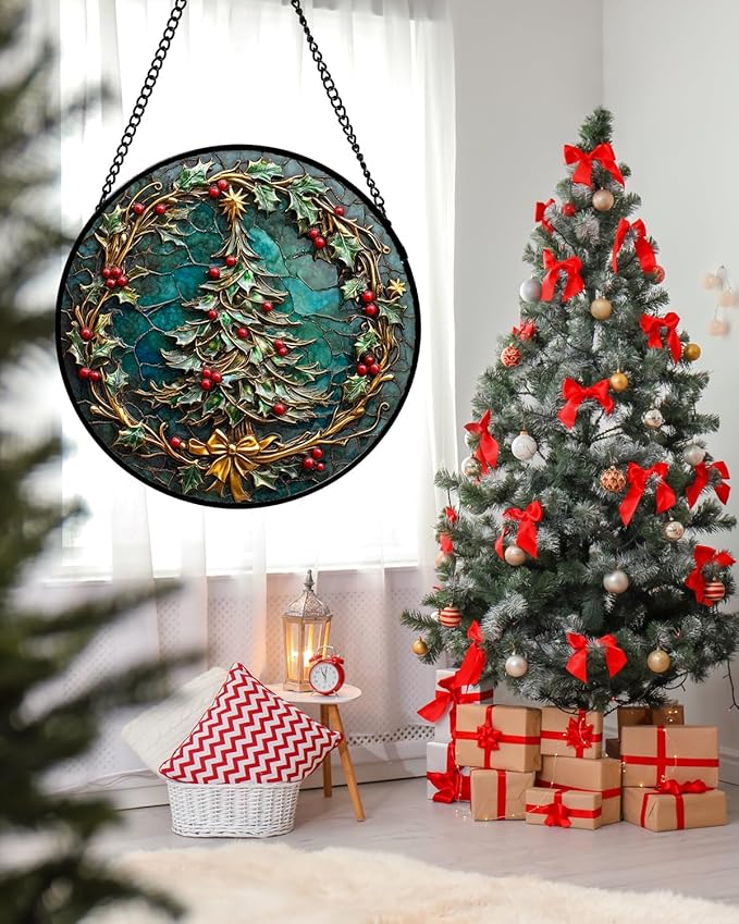 Stained Glass Window Hangings - Red Gold Green Wreath Suncatcher for Door Home Christmas Tree Decoration Sun Catcher Thanksgiving New Year Birthday Gift for Women Men Mom Grandma 15 in