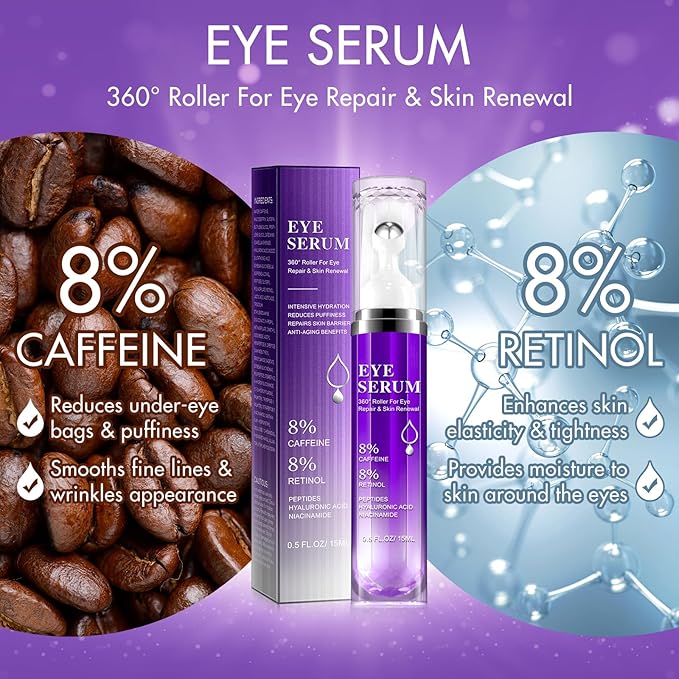 Under Eye Roller Serum - 8% Caffeine & 8% Retinol Eye Cream for Dark Circles, Puffiness and Bags, Puffy Bags Fine Lines Wrinkles, 360° Massage Ball Cream, Hyaluronic Acid Serum for Men & Women