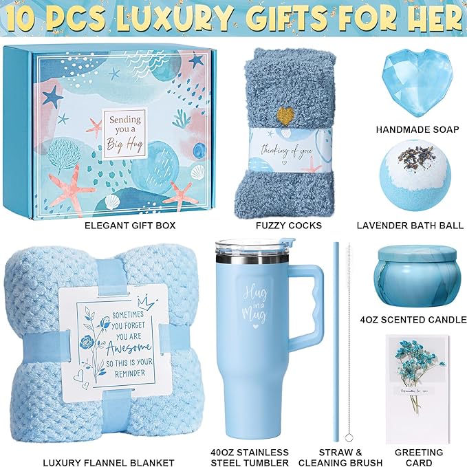 Birthday Gifts for Women Self Care Gifts Get Well Soon Gifts, Ocean Relaxing Spa Gifts Basket Care Package w/ Flannel Blanket 40 OZ Tumbler, Mothers Day Gifts for Mom Her Wife Girlfriends Sister Wife