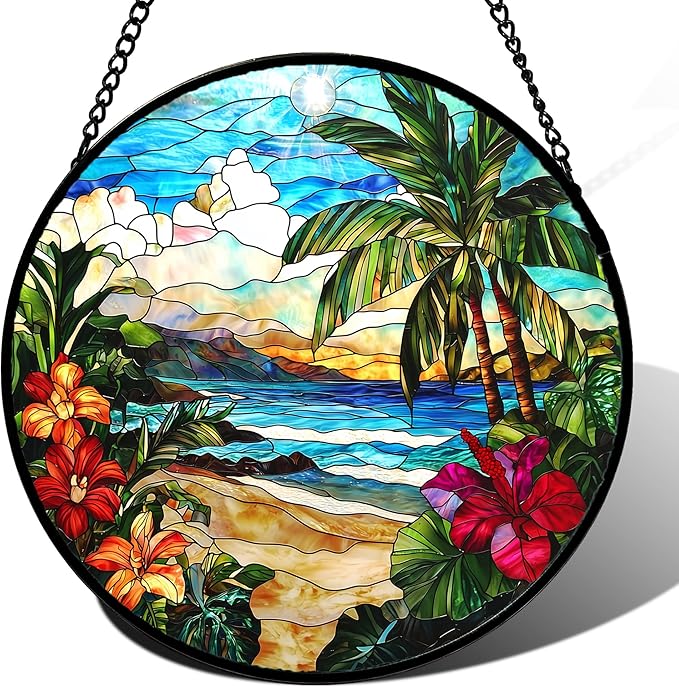 Stained Glass Window Hanging, Blue Beach Scenery Suncatcher Diamond Glass Panel Hangings Sun Catchers Decor for Birthday for Women, Men, Wife, Aunt, and Mom 14.9x14.9 in