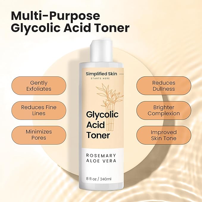 Glycolic Acid Toner for Face - 8% Facial Toning Solution - Hydrating, Anti-Aging, Exfoliates Skin with AHA, Aloe Vera, & Rosemary Extract for Women & Men - 8 Fl Oz