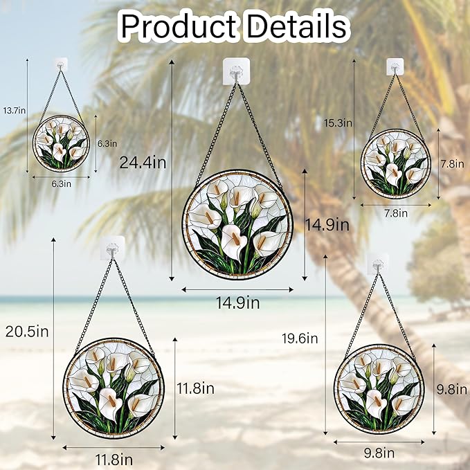 Stained Glass Window Hanging, White Calla Lily Flowers Sun Catchers Glass Panel Plant Suncatcher Decor for Birthday for Women, Men, Wife, Aunt, and Mom 14.9x14.9 in